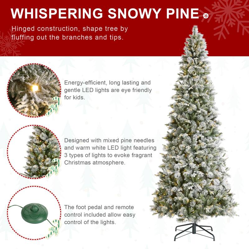 Glitzhome 7.5ft/9ft/11ft Pre-Lit Flocked Slim Pine Artificial Christmas Tree w/ Foot Pedal & Remote Control
