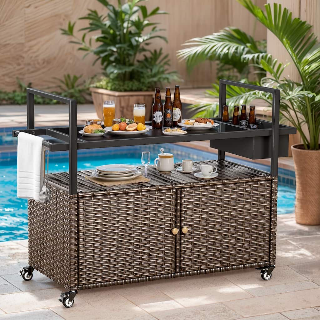 Outdoor 49.2" PE Wicker Bar Cart with Cabinet Patio Serving Cart with Tempered Glass Top
