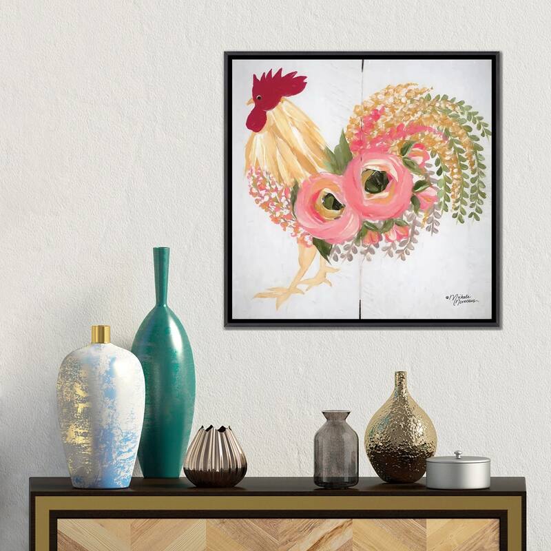 iCanvas "Floral Rooster on White" by Michele Norman Framed