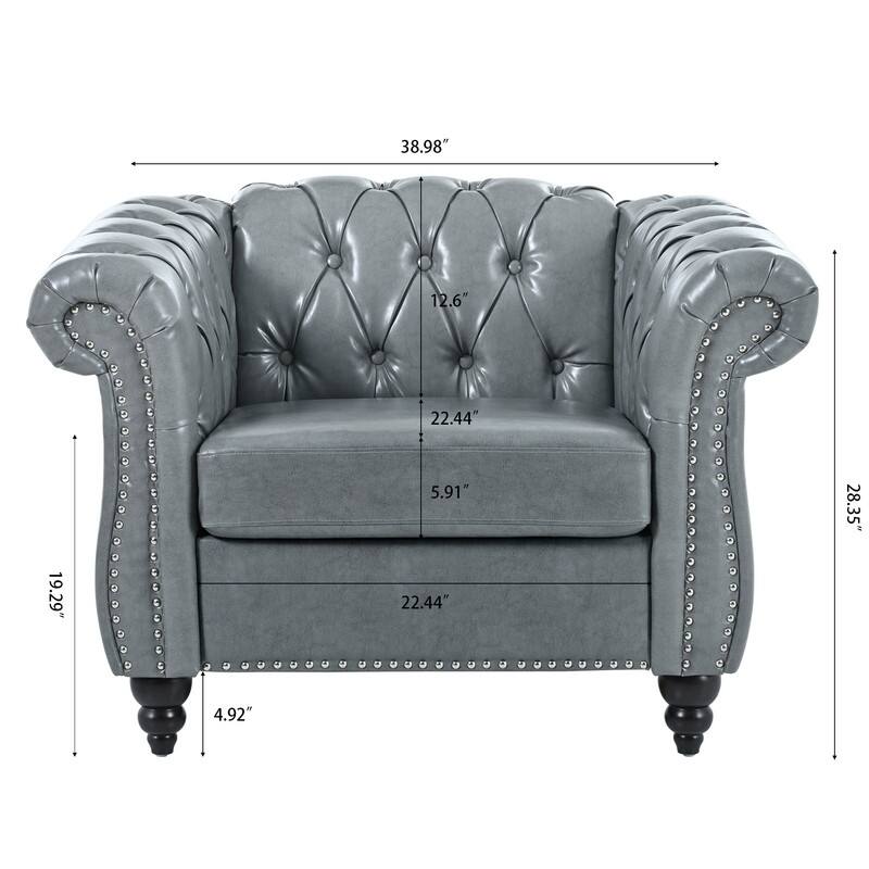 PU Leather Accent Chair,Classic Tufted Chesterfield Sofa For Living Room,Grey
