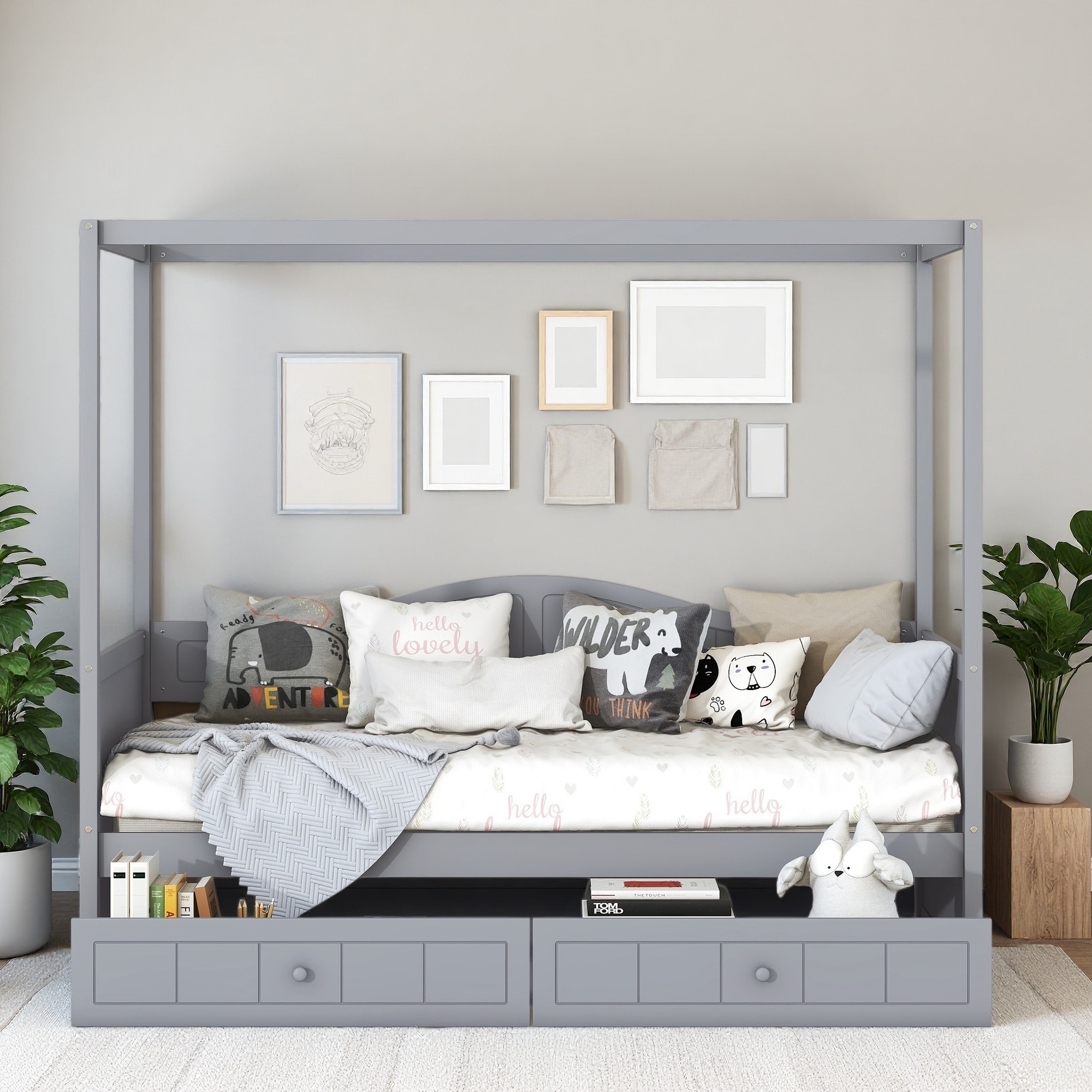 Twin Size Wood Canopy Daybed with 2 Drawers