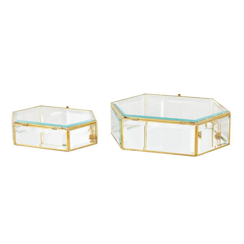 Clear Glass Beveled Hexagon Geometric Decorative Jewelry Box with Gold Metal Frame and Chain Accent (Set of 2)