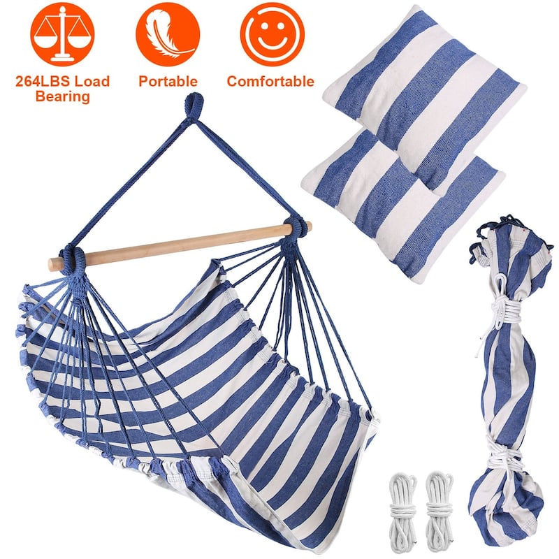 Cotton Canvas Swing Seat Hanging Hammock Chair with Pillows and Wooden Bar for Indoor or Outdoor - 39” x 51”
