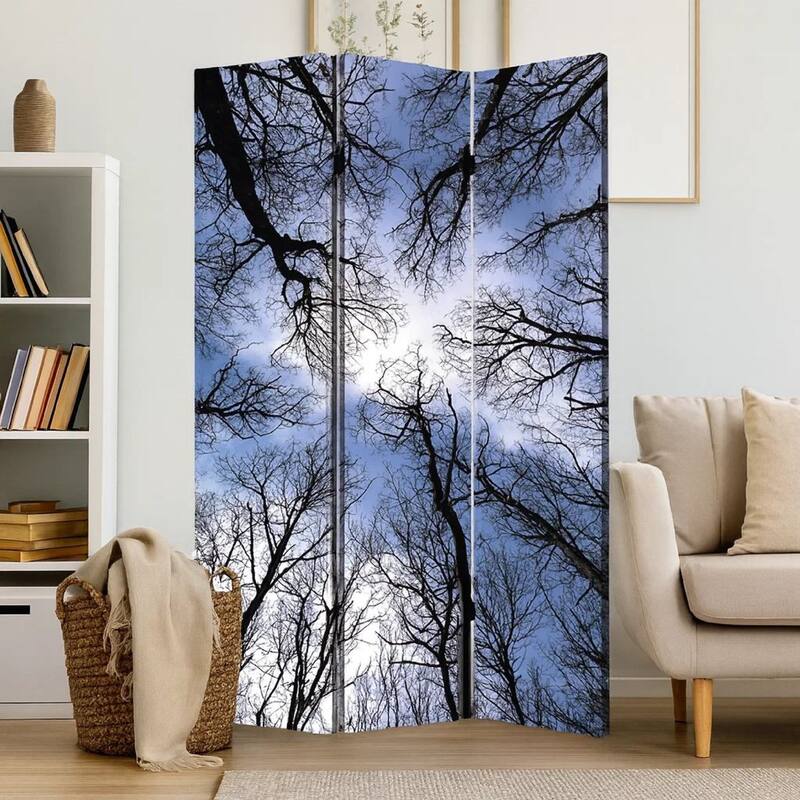 3 Panel Foldable Canvas Screen with Tree Print, Black - 6 x 12