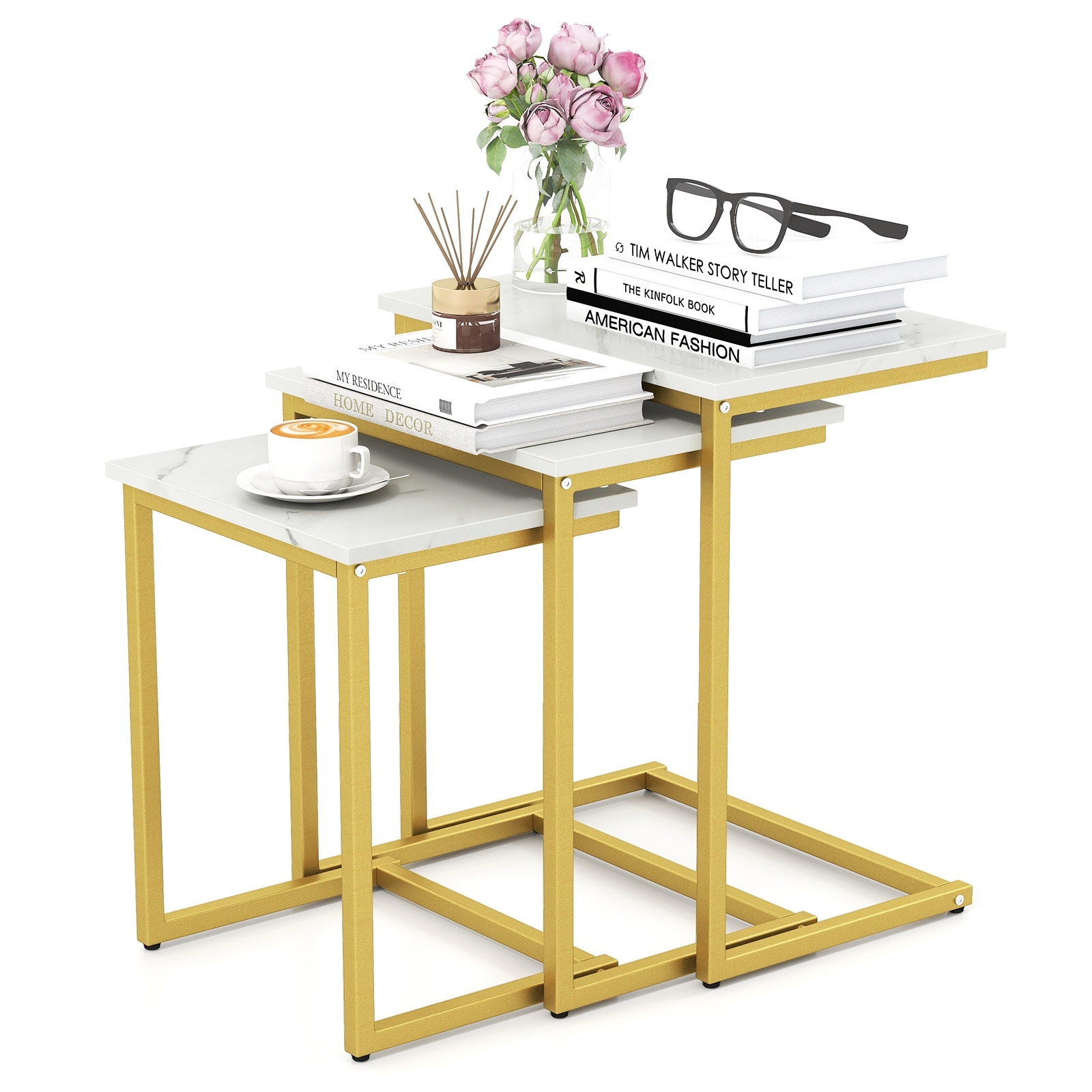 Gymax 3 PCS Nesting Coffee End Table Set Stacking Side Nightstand