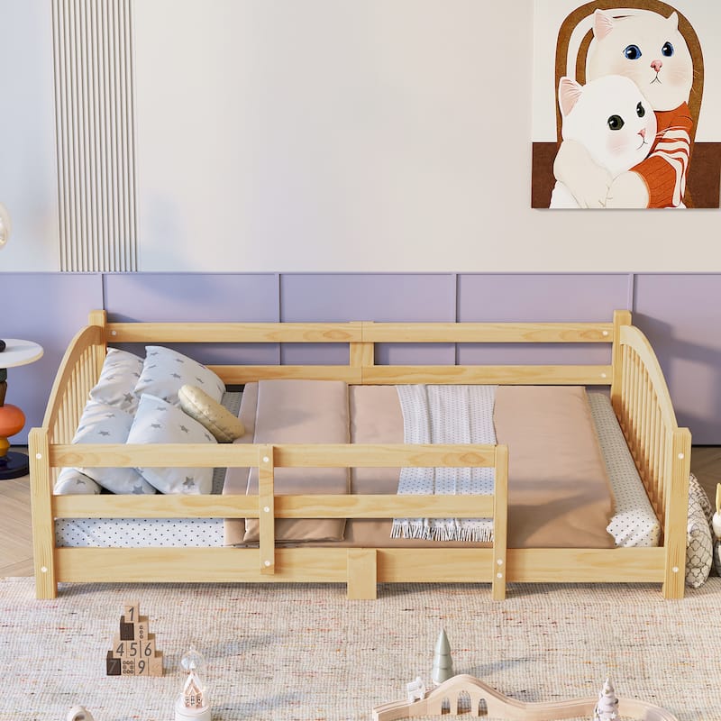 Solid Wood Floor Bed Montessori Bed with Safety Guardrails Without Door