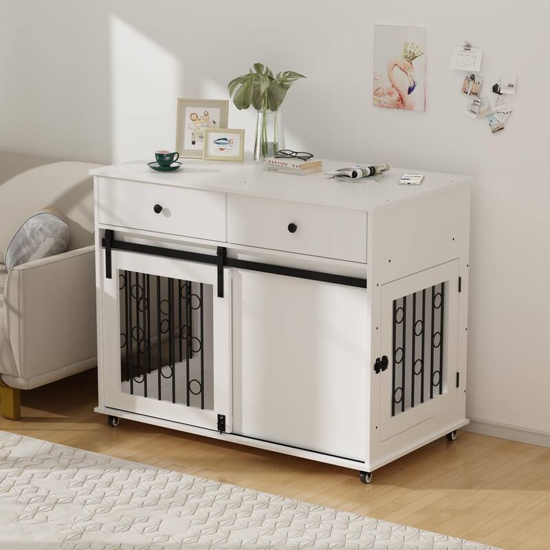 39.37" Dog Crate Furniture with Double Drawers and Sliding Barn Door, Decorative Pet Kennel End Table with Lockable Wheels