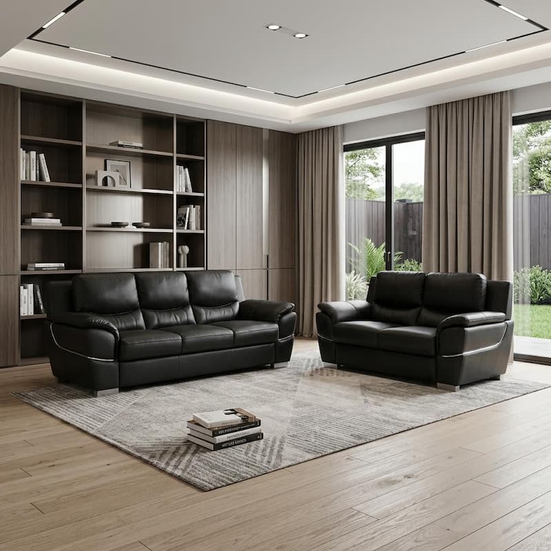 HomeRoots Two Piece Indoor Black Genuine Leather Five Person Seating Set - Black