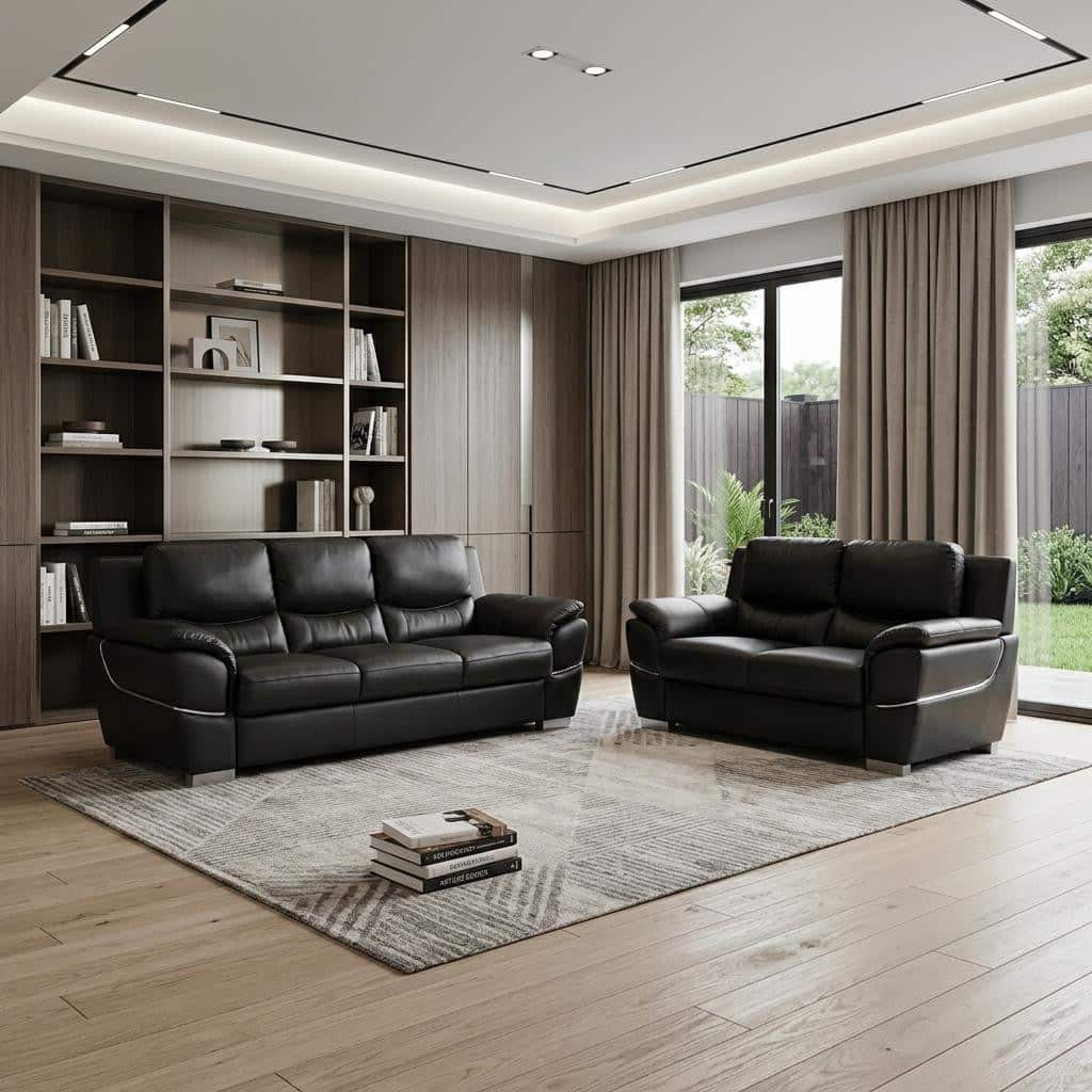 HomeRoots Two Piece Indoor Black Genuine Leather Five Person Seating Set