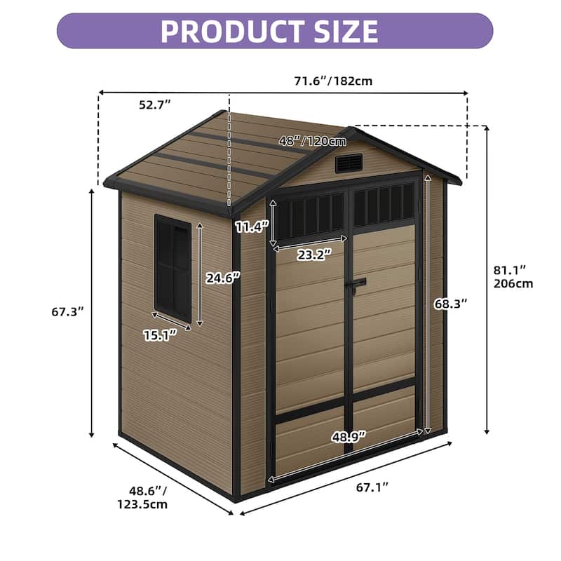 6x4.4 FT Resin Storage Shed with Fence-Style and Side Windows - 6' X 4.4'