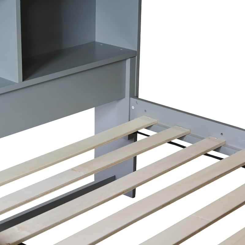 Convertible Twin Over Twin Bunk Bed with Shelves, Safety Rails & Ladder - Grey Rubber Wood