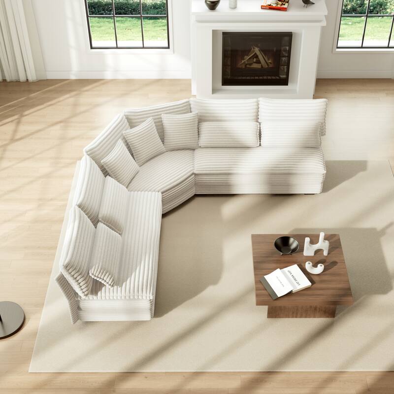 5-Seater L-Shaped Sectional Sofa with Curved Corner - Plush Corduroy Fabric, 7 Pillows (3 Throw + 4 Lumbar)