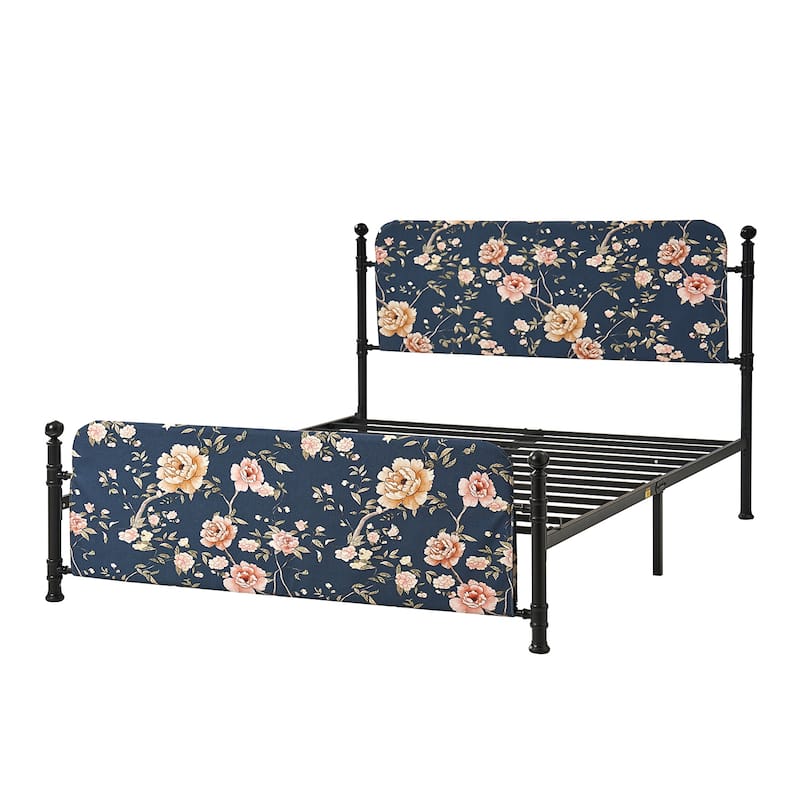 Diana Transitional 62" Floral Upholstered Platform Metal Bed Frame with Washable Slipcover by HULALA HOME