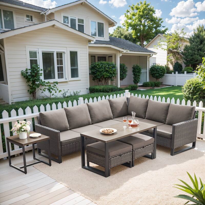 Gymojoy 5-Piece Outdoor Wicker Furniture Set, L-Shaped Sectional Sofa Set