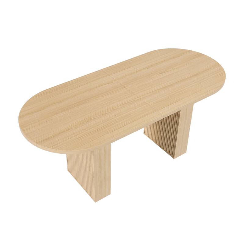Kitchen Table with Wood Strip Base, Oval Dining Table, Water-Resistant Coffee Table Office Table