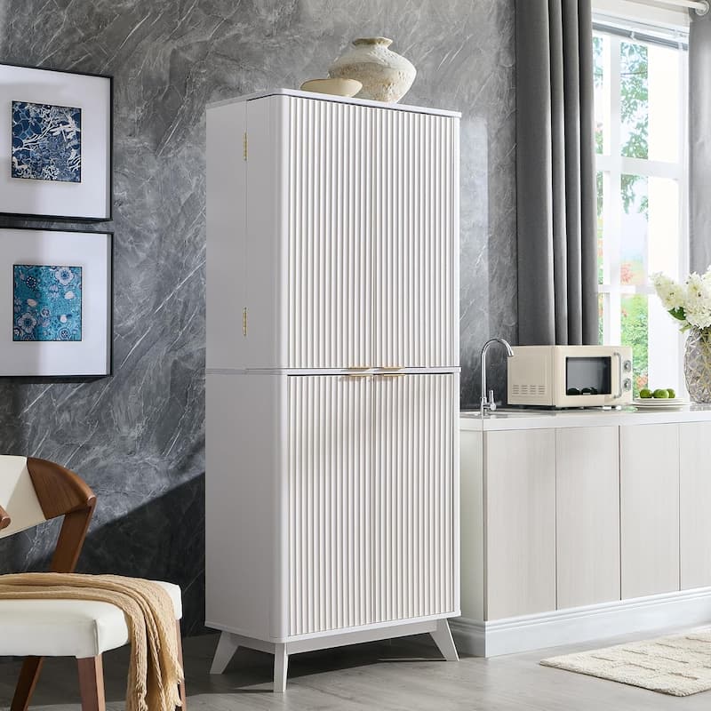 Fluted Pantry Storage Cabinet, Spacious Dual-Zone Wood Organizer