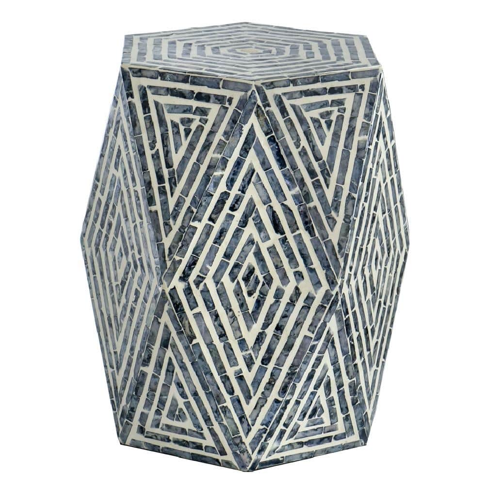 Hexagon Capiz Stool - Black & White Geometric Design, End Table, Side Table - 16x14x18"
