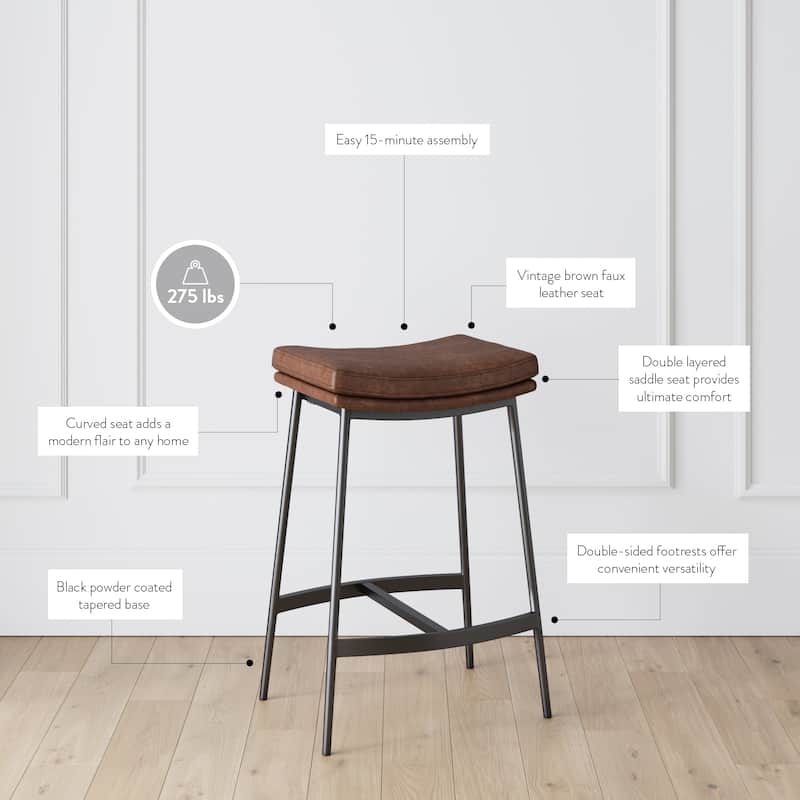 Nathan James Arlo Modern Backless Upholstered Kitchen Counter Bar Stool with Saddle Seat and Metal Base