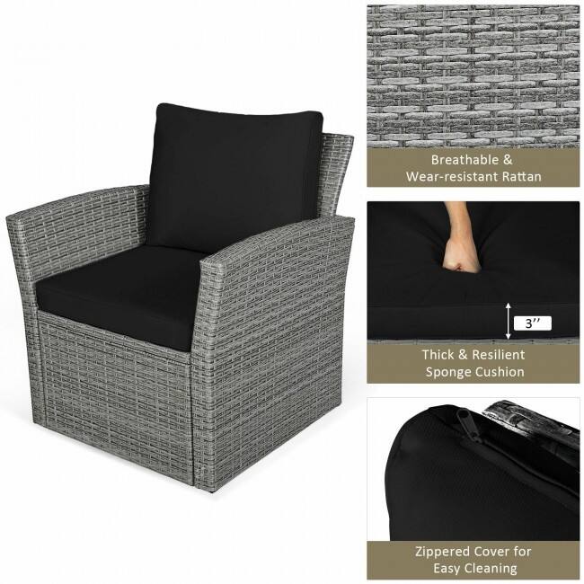 4 Pieces Patio Rattan Furniture Set Sofa Table with Storage Shelf Cushion - 48.5" x 26.5" x 30" (L x W x H)