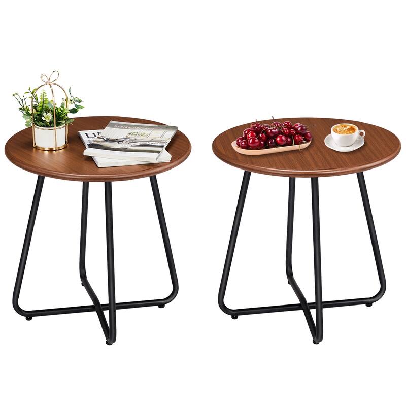 Round Outdoor Side Table Imitation Wood Top Steel Legs Patio Garden Balcony End Table - 19.7 x 19.7 x 20.9