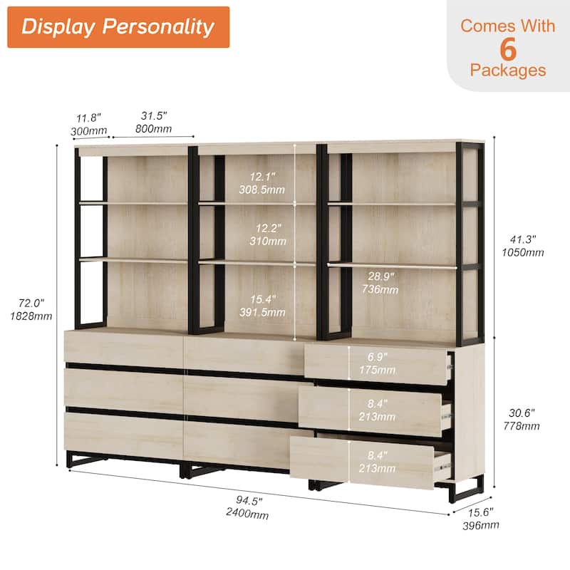 WAMPAT Modern 72" Tall Bookcase with Drawers and Open Book Shelfs, Library Book Shelf for Home Office, Living Room