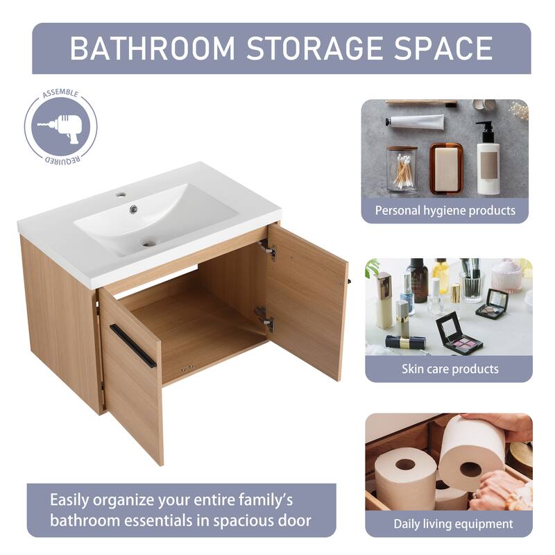 24"/30"/36" Floating Bathroom Vanity with Sink, Wall Mounted Bathroom Vanity with Soft Close Doors