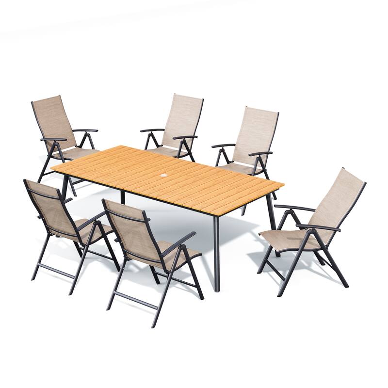 Outdoor Rectangle Aluminum Dining Table with Umbrella Hole with Durable Adjustable Reclining Folding Chair - 82.3in-Brown-Table&Espresso-Chair
