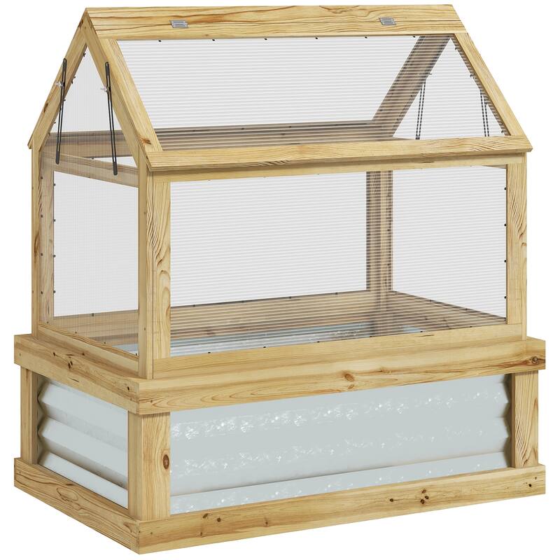 Outsunny Raised Garden Bed with Polycarbonate Greenhouse, Garden Wooden Cold Frame Greenhouse