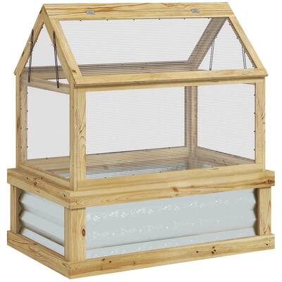 Raised Garden Bed with Polycarbonate Greenhouse, Wooden Cold Frame Greenhouse, Garden Flower Planter Protection, Peak Roof
