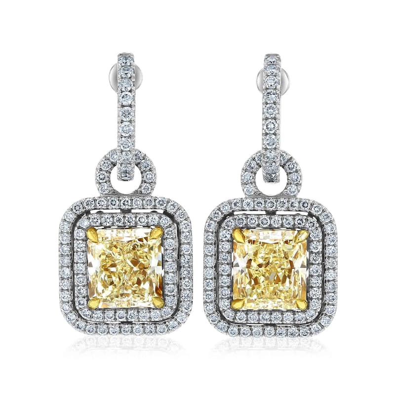 Kobelli 8.27 Carat Yellow Diamond 18k Solid White Gold Square Double Halo Meira Dangle Earrings