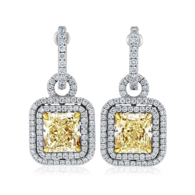 Kobelli 8.27 Carat Yellow Diamond 18k Solid White Gold Square Double Halo Meira Dangle Earrings