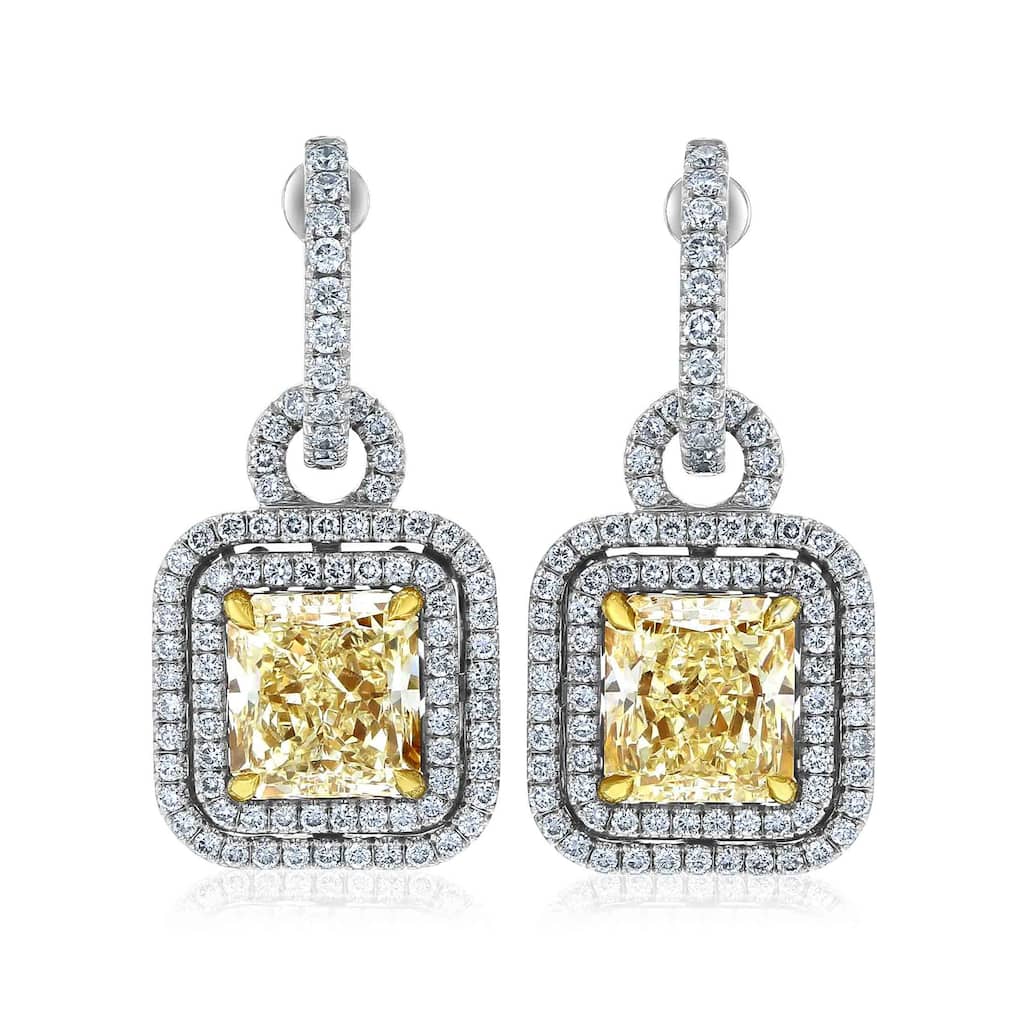 Kobelli 8.27 Carat Yellow Diamond 18k Solid White Gold Square Double Halo Meira Dangle Earrings