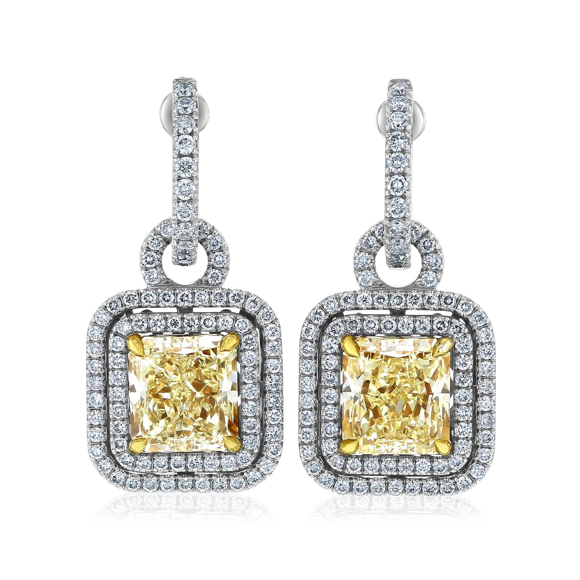 Kobelli 8.27 Carat Yellow Diamond 18k Solid White Gold Square Double Halo Meira Dangle Earrings