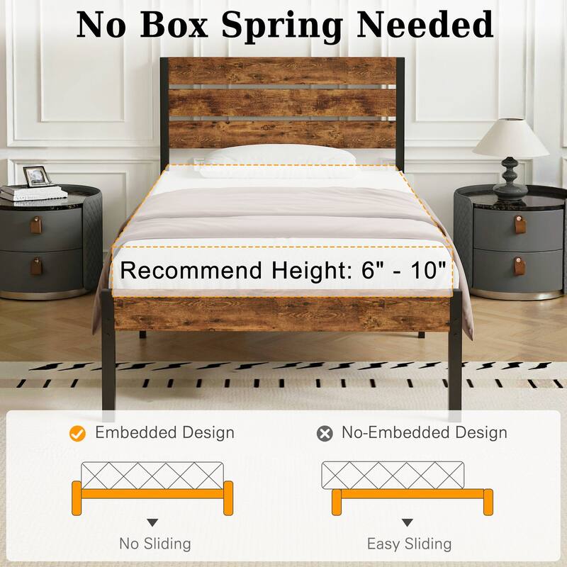 VECELO Industrial Wood Bed Frame with Headboard Twin Size Beds/Full Size Beds/Queen Size Beds