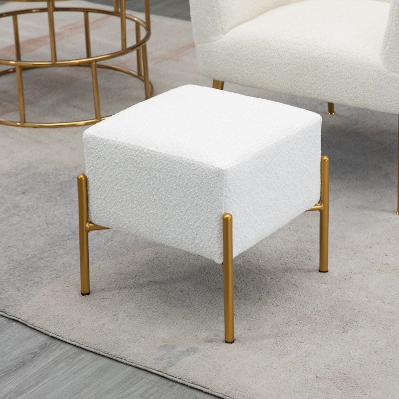 Aysha White Boucle Ottoman with Gold Accent Legs