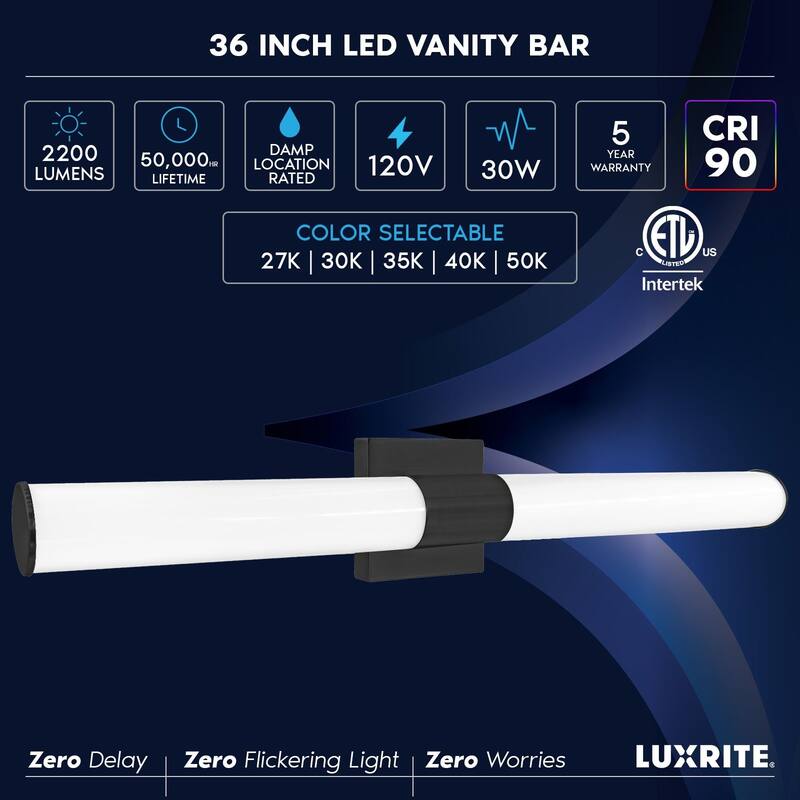 Luxrite LED Black Bathroom Vanity Light Fixtures 36 Inch 5CCT 30W 2200 Lumens CRI 90 Dimmable Damp Rated ETL Listed