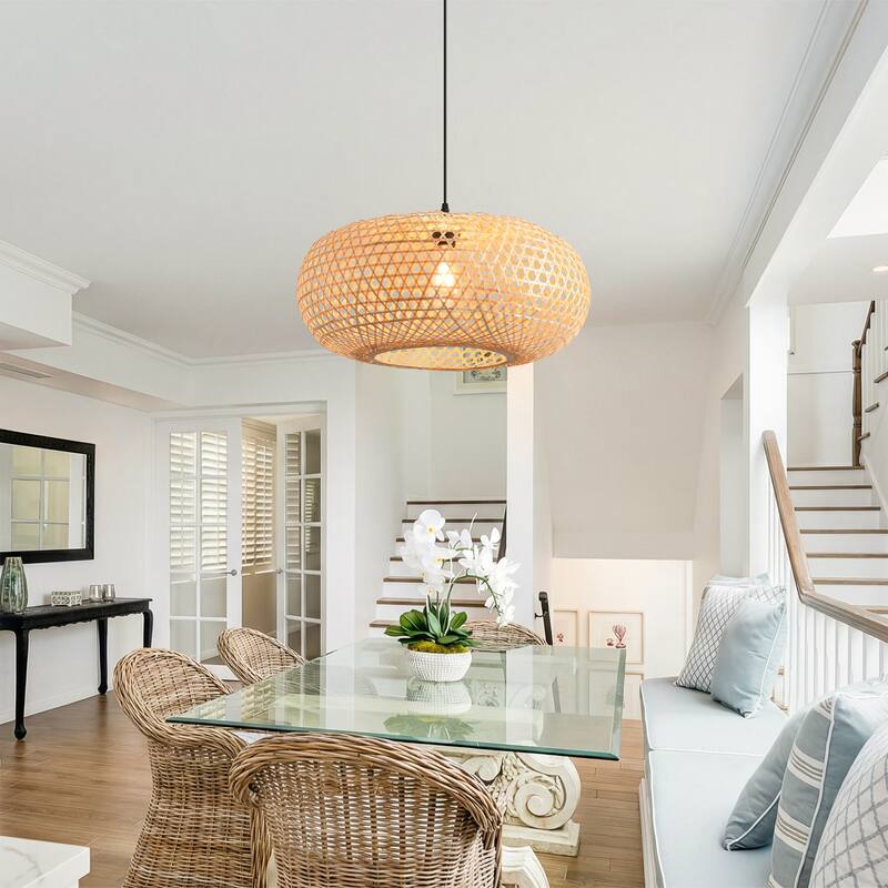 22" Nautical Woven Bamboo Lantern 1-Light Island Pendant Light Chandelier for Kitchen