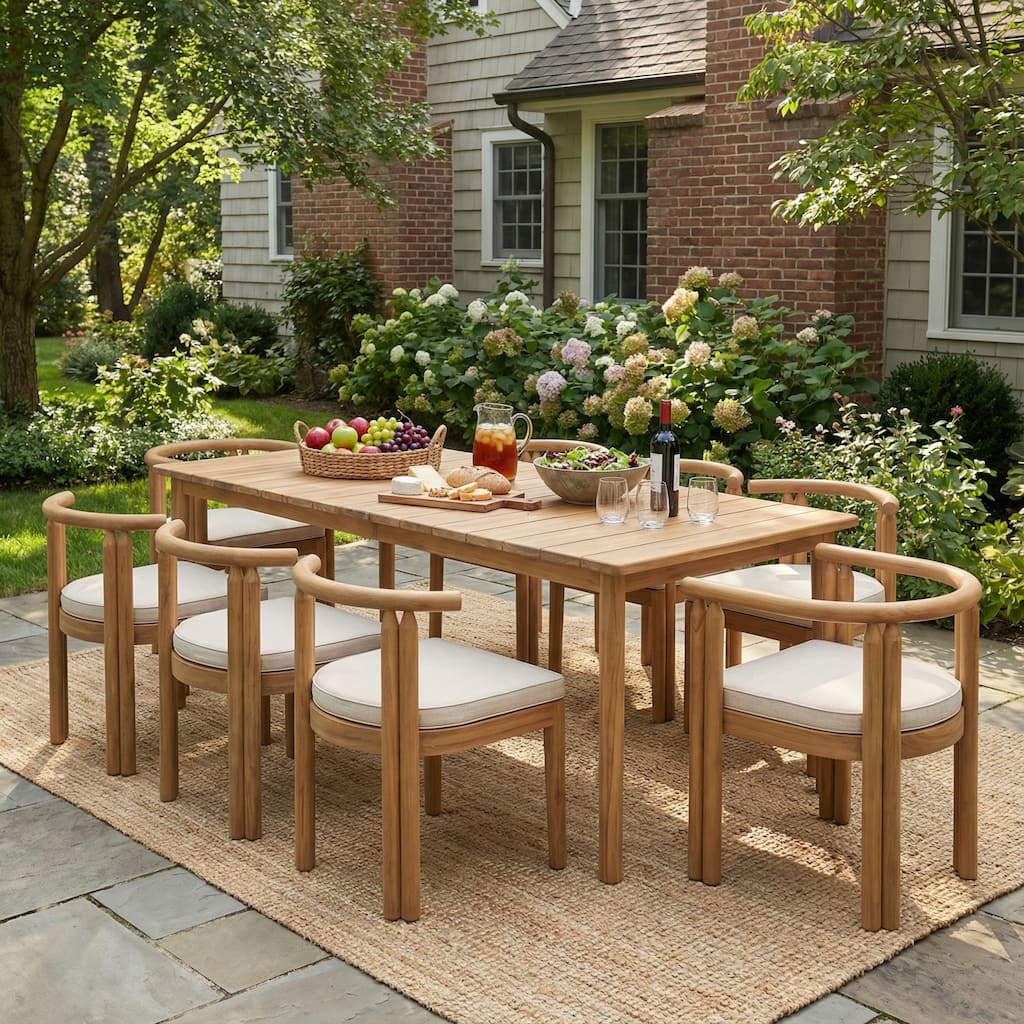 Christopher Knight Home - Outdoor Wooden Dining Set with Cushioned Chairs in Teak Finish (9-Piece Set)