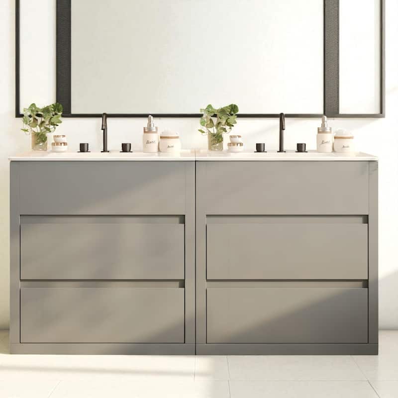 60" Double Sink Bathroom Vanity Set with Two 30" Cabinets, Ceramic Sinks, Soft Close Drawers - Grey