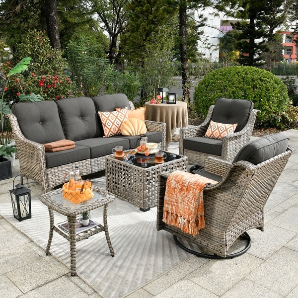 OVIOS 5-Piece Outdoor Wicker Swivel Chair Set With Solar-Powered