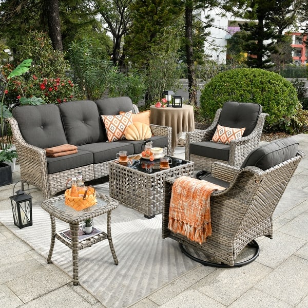 slide 2 of 57, OVIOS 5-Piece Outdoor Wicker Swivel Chair Set With Solar-Powered Table Black