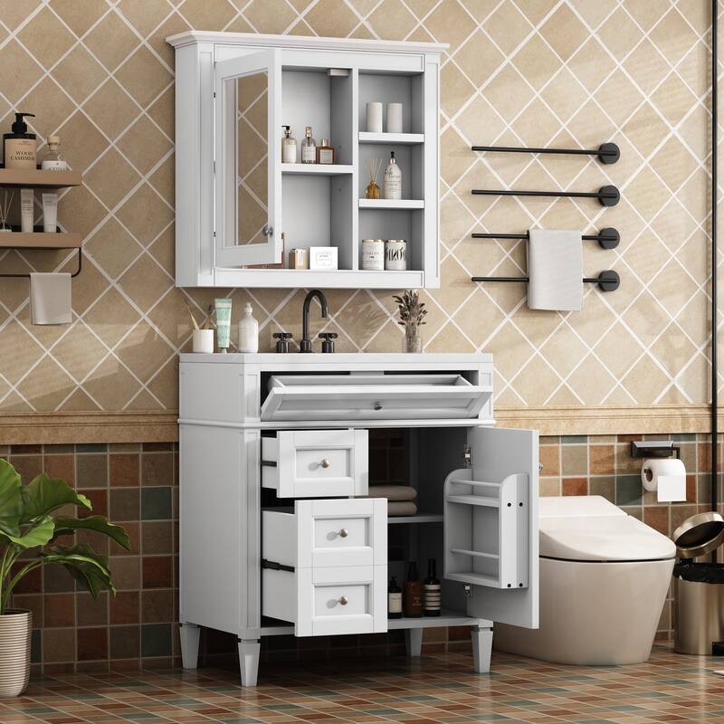 Plywood Freestanding Bathroom Vanity Set in Maple with Mirror Cabinet - 30" x 18"