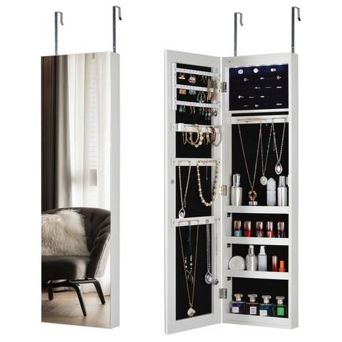 Full Mirror Jewelry Storage Cabinet Led Light Hung On The Door Or Wall