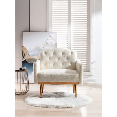 Modern Accent Chair with Arms, Tufted Decorative Fabric Armchair with Gold Metal Legs,Teddy
