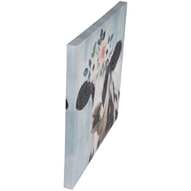 Cow with Flowers Canvas Wall Art 17.5" x 17.5"