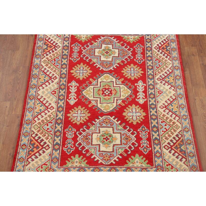 Geometric Red Kazak Oriental Accent Rug Handmade Wool Carpet - 3'4" x 5'1"