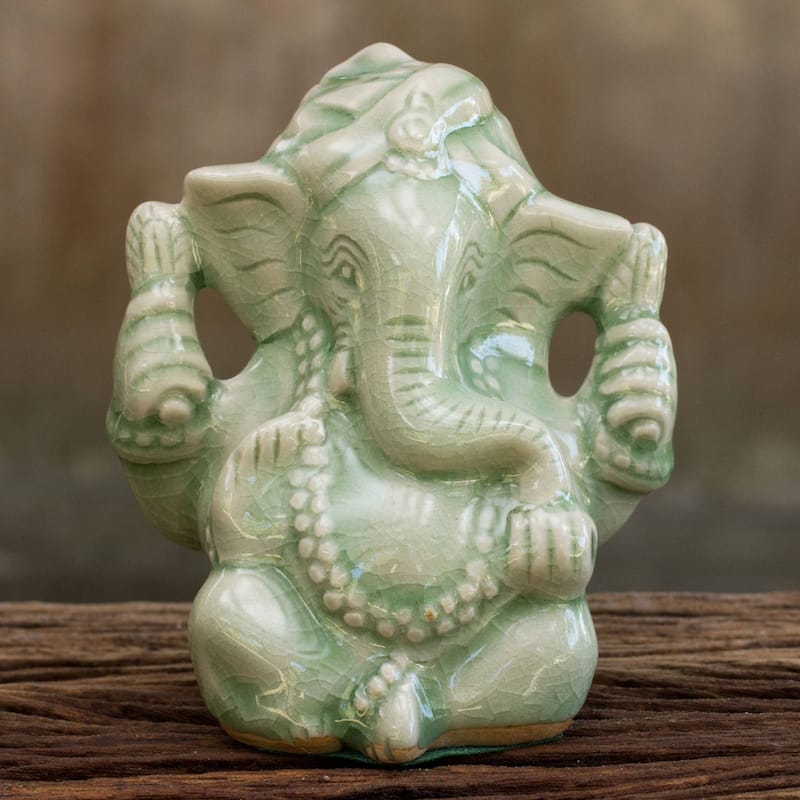 Handmade Faithful Ganesha Celadon ceramic figurine (Thailand) - 16 x 13 x 11