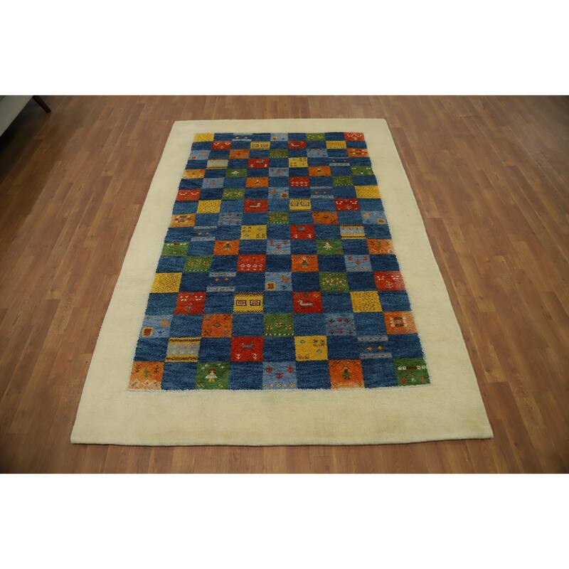Hand Knotted Oriental 100% Wool Carpet Tribal Modern Navy Blue & Blues Gabbeh Area Rug - 7' 7'' X 5' 3''