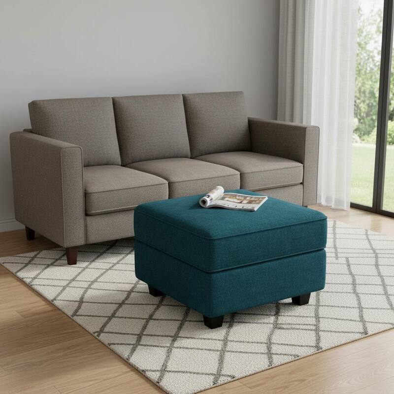 HomeRoots 26" Teal Blue and Black Solid Wood and Microfiber Storage Ottoman - Teal Blue - 26.40 in. x 17.70 in.  x 26.40 in.