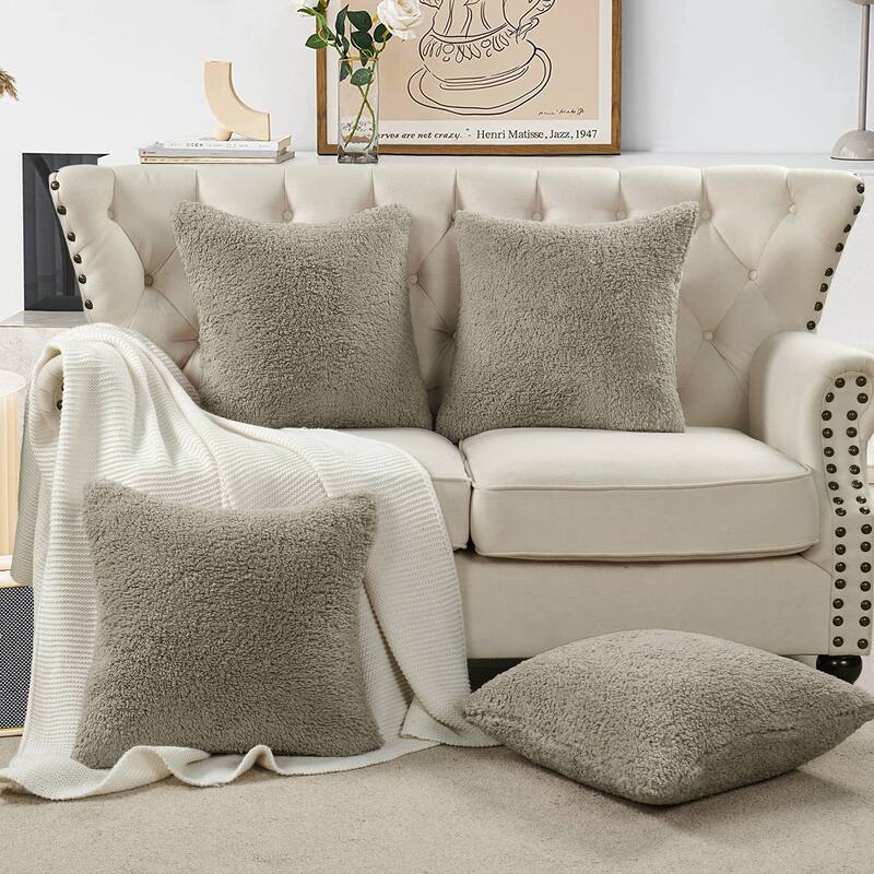Accent Sherpa Pillow Cover Set of 4 20Inch x 20Inch, NO INSERT - Feather Grey